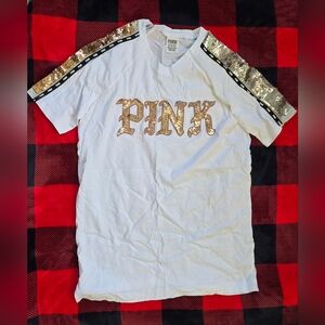 PINK Victoria's Secret BLING White T-Shirt with Rose Gold Sequin Accents
